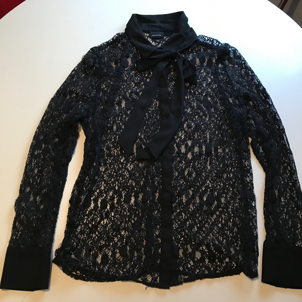 Who What Wear Black Lace Shirt with Pussy Bow